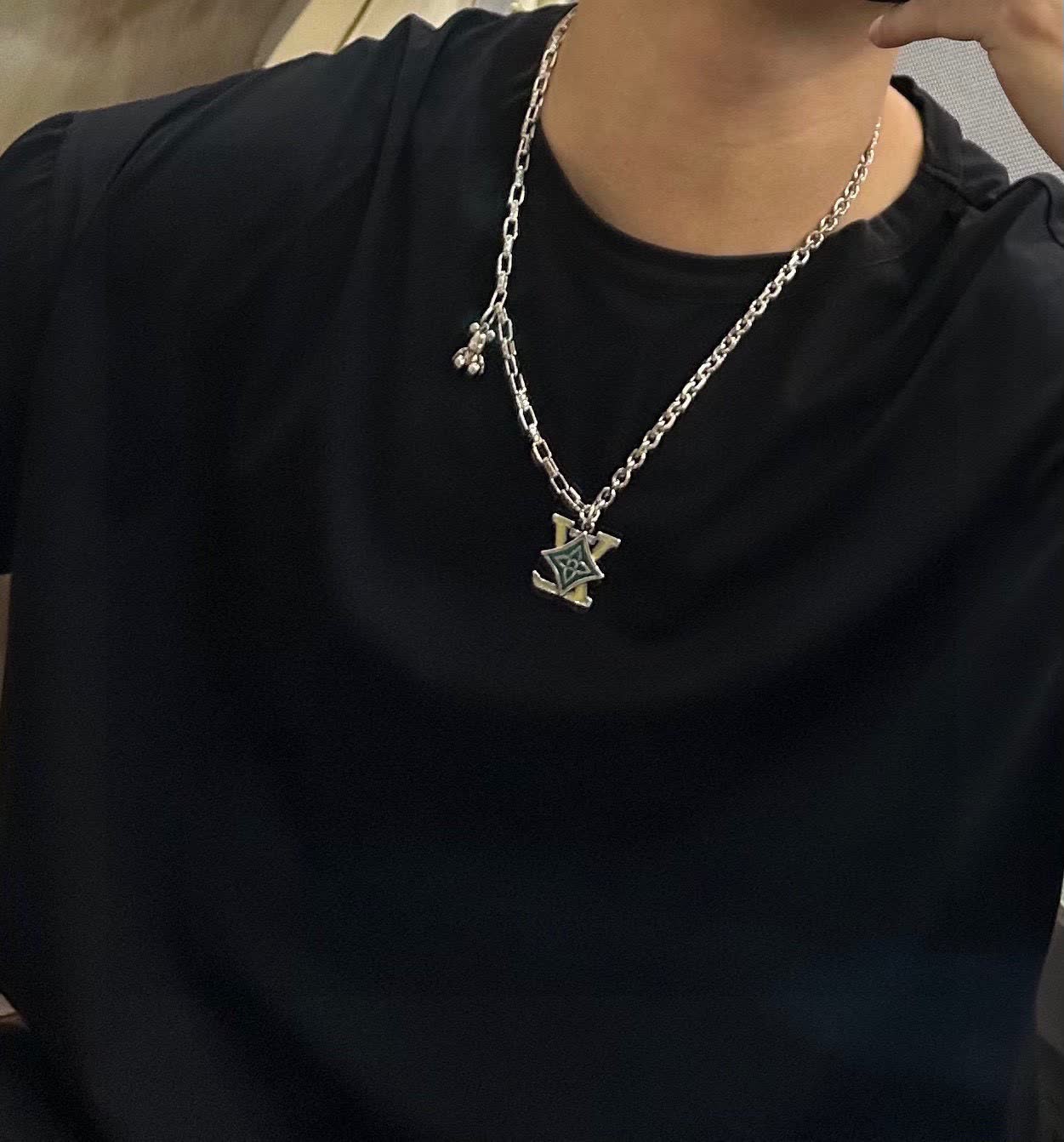 Louis Vuitton Silver Chain Necklace with LV Logo and Bear Charm